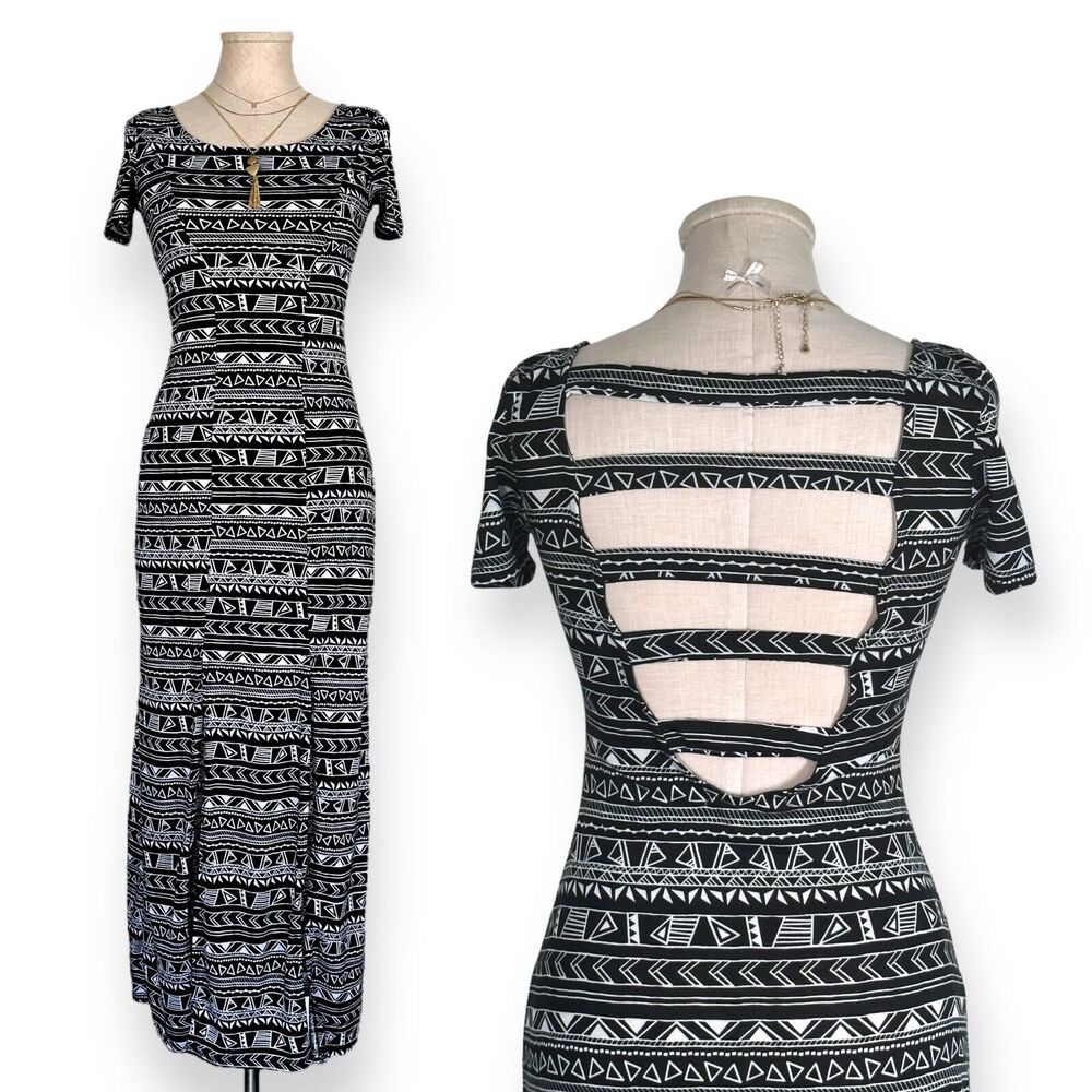 DEREK HEART Geometric Aztec Tribal Maxi Dress Boho Front Slit Black Half Sleeve